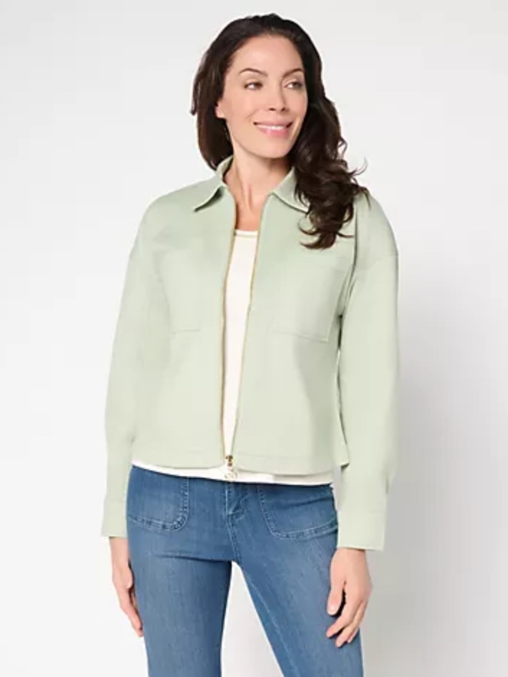 Belle by Kim Gravel Stretch Twill Signature Zip Jean Jacket, Sage Sz XL a714040